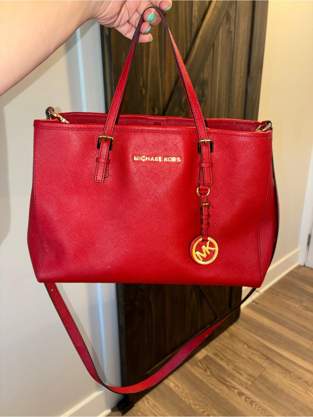 Michael Kors Red Saffiano Leather Tote with Gold Hardware